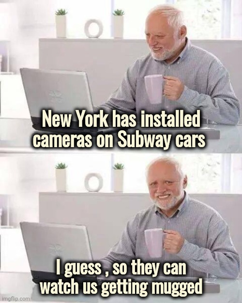 Names are changed to protect the guilty | New York has installed cameras on Subway cars; I guess , so they can
watch us getting mugged | image tagged in memes,hide the pain harold,surveillance,entertainment,arrested,well yes but actually no | made w/ Imgflip meme maker