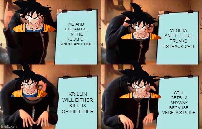 Gru's Plan Meme | ME AND GOHAN GO IN THE ROOM OF SPIRIT AND TIME; VEGETA AND FUTURE TRUNKS DISTRACK CELL; KRILLIN WILL EITHER KILL 18 OR HIDE HER; CELL GETS 18 ANYWAY BECAUSE VEGETA'S PRIDE | image tagged in memes,gru's plan | made w/ Imgflip meme maker