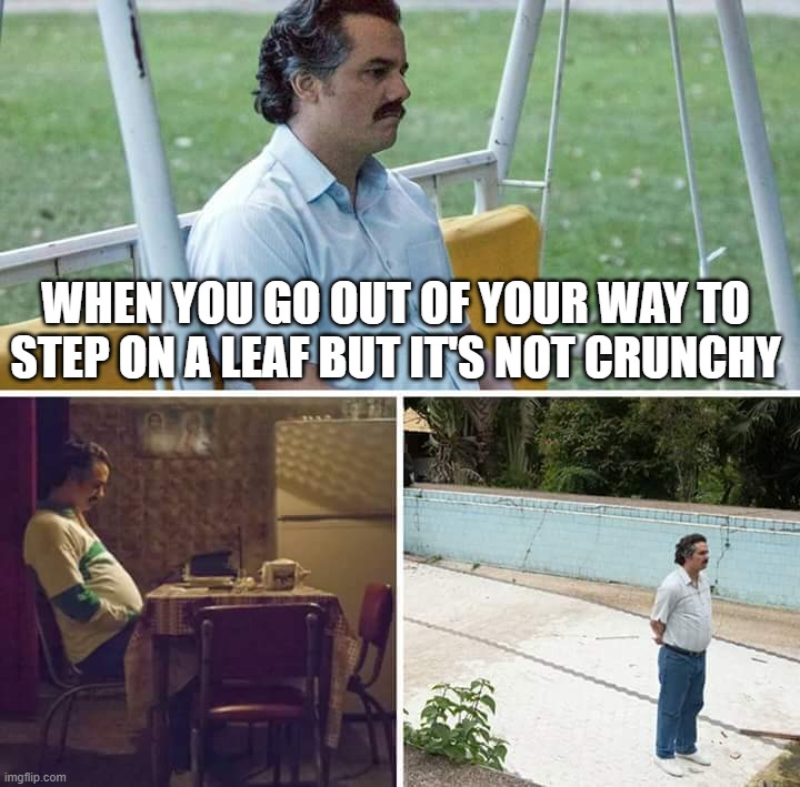 pain |  WHEN YOU GO OUT OF YOUR WAY TO STEP ON A LEAF BUT IT'S NOT CRUNCHY | image tagged in memes,sad pablo escobar,fall,autumn,autumn leaves | made w/ Imgflip meme maker