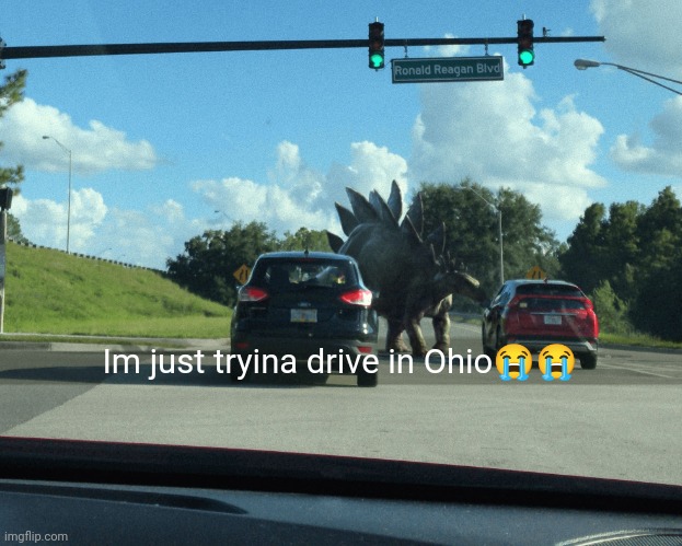 Ohio weird bro | Im just tryina drive in Ohio😭😭 | image tagged in ohio,dinosaur | made w/ Imgflip meme maker