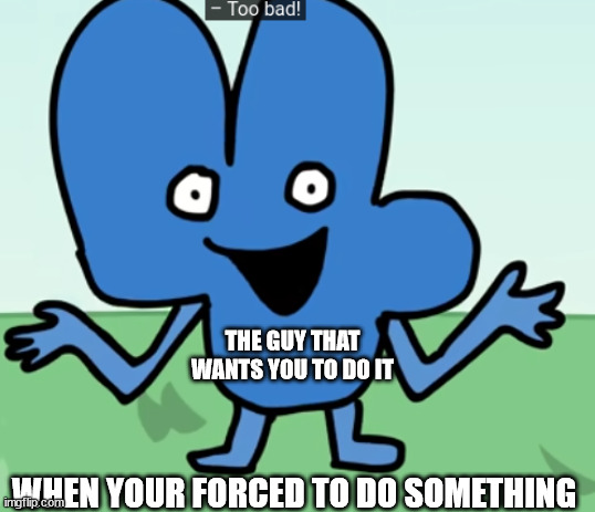 Four "Too Bad" | THE GUY THAT WANTS YOU TO DO IT; WHEN YOUR FORCED TO DO SOMETHING | image tagged in four too bad | made w/ Imgflip meme maker