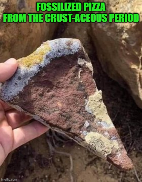 fossilised pizza | FOSSILIZED PIZZA
FROM THE CRUST-ACEOUS PERIOD | image tagged in fossil,pizza | made w/ Imgflip meme maker