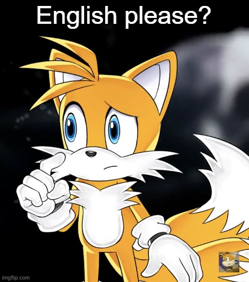English please? | image tagged in tails thinking | made w/ Imgflip meme maker