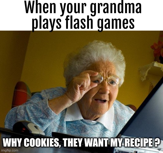 Rip Adobe Flash | When your grandma plays flash games; WHY COOKIES, THEY WANT MY RECIPE ? | image tagged in memes,grandma finds the internet | made w/ Imgflip meme maker