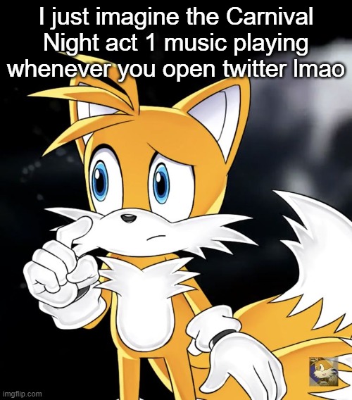 I just imagine the Carnival Night act 1 music playing whenever you open twitter lmao | image tagged in tails thinking | made w/ Imgflip meme maker