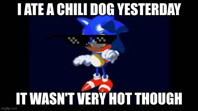 Prototype Sonic | I ATE A CHILI DOG YESTERDAY; IT WASN'T VERY HOT THOUGH | image tagged in prototype sonic | made w/ Imgflip meme maker