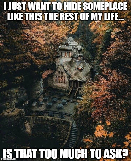 Hidey Hole | I JUST WANT TO HIDE SOMEPLACE LIKE THIS THE REST OF MY LIFE... IS THAT TOO MUCH TO ASK? | image tagged in mansion,hide | made w/ Imgflip meme maker
