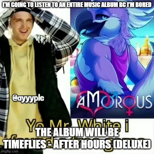 Yo Mr. White i found a free game | I'M GOING TO LISTEN TO AN ENTIRE MUSIC ALBUM BC I'M BORED; THE ALBUM WILL BE TIMEFLIES - AFTER HOURS (DELUXE) | made w/ Imgflip meme maker