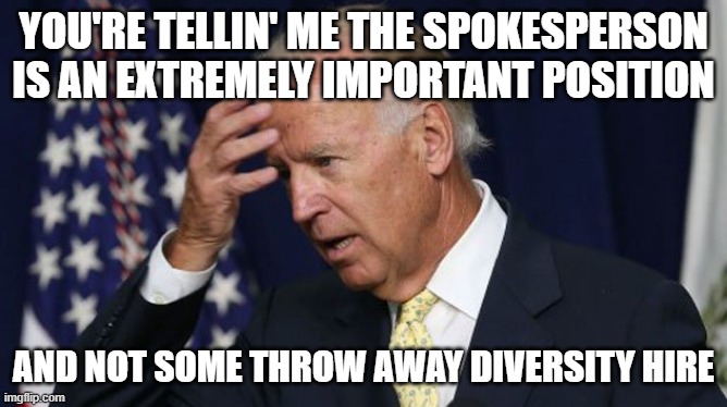 Joe Biden worries | YOU'RE TELLIN' ME THE SPOKESPERSON IS AN EXTREMELY IMPORTANT POSITION AND NOT SOME THROW AWAY DIVERSITY HIRE | image tagged in joe biden worries | made w/ Imgflip meme maker