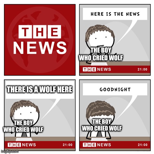 the news | THE BOY WHO CRIED WOLF; THERE IS A WOLF HERE; THE BOY WHO CRIED WOLF; THE BOY WHO CRIED WOLF | image tagged in the news | made w/ Imgflip meme maker