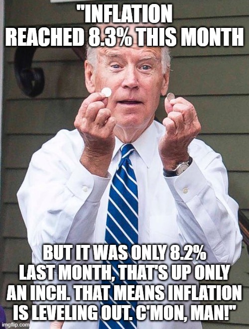 Joe Biden | "INFLATION REACHED 8.3% THIS MONTH; BUT IT WAS ONLY 8.2% LAST MONTH, THAT'S UP ONLY AN INCH. THAT MEANS INFLATION IS LEVELING OUT. C'MON, MAN!" | image tagged in joe biden | made w/ Imgflip meme maker