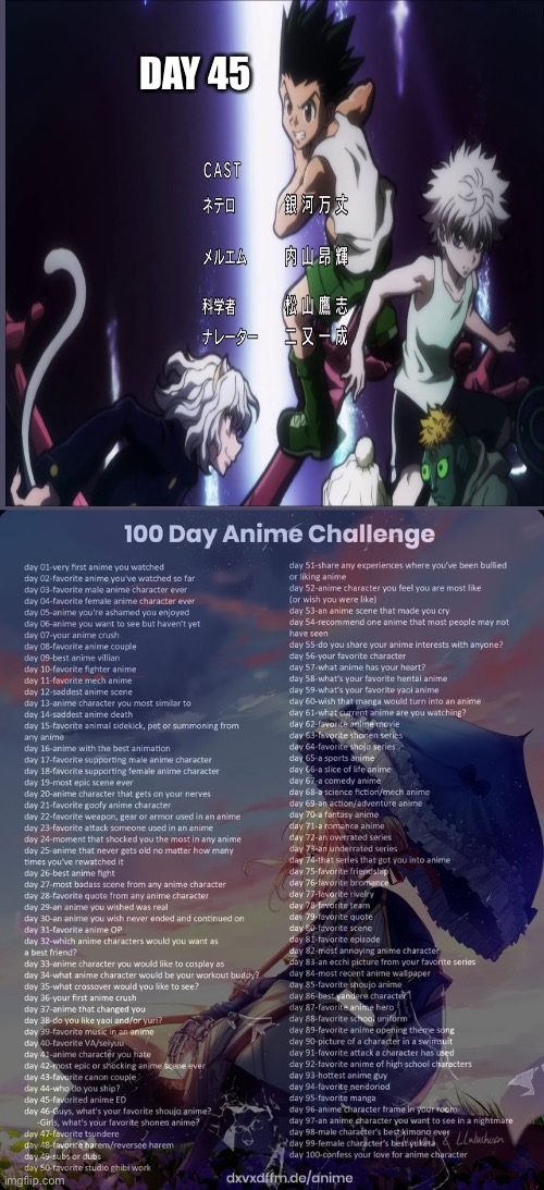 Hyori Ittai | DAY 45 | image tagged in 100 day anime challenge,hunter x hunter | made w/ Imgflip meme maker