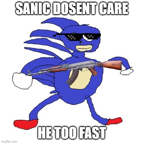 Sanic | SANIC DOSENT CARE HE TOO FAST | image tagged in sanic | made w/ Imgflip meme maker