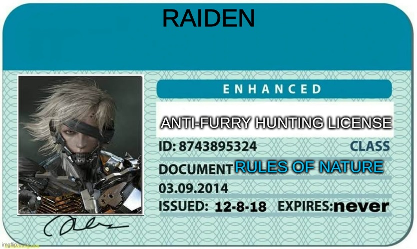 RULES OF NATURE | RAIDEN; ANTI-FURRY HUNTING LICENSE; RULES OF NATURE | image tagged in anti-furry hunting license,raiden | made w/ Imgflip meme maker
