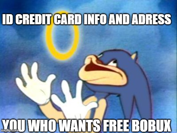 Sanic | ID CREDIT CARD INFO AND ADRESS YOU WHO WANTS FREE BOBUX | image tagged in sanic | made w/ Imgflip meme maker