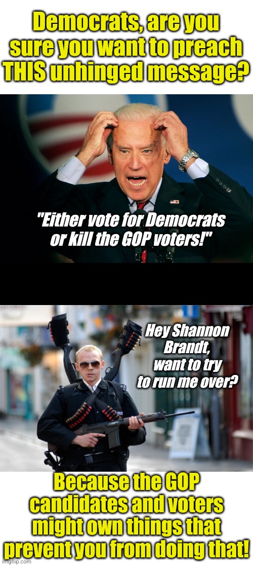 Do Democrats realize their dreams of an actual Second American Civil War would not end welll for them? | Democrats, are you sure you want to preach THIS unhinged message? "Either vote for Democrats or kill the GOP voters!"; Hey Shannon Brandt, want to try to run me over? Because the GOP candidates and voters might own things that prevent you from doing that! | image tagged in joe biden,guy with gun,gop,voters,civil war,delusional | made w/ Imgflip meme maker
