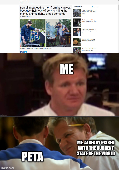 ME; ME, ALREADY PISSED WITH THE CURRENT STATE OF THE WORLD; PETA | image tagged in gordon ramsay cringe | made w/ Imgflip meme maker