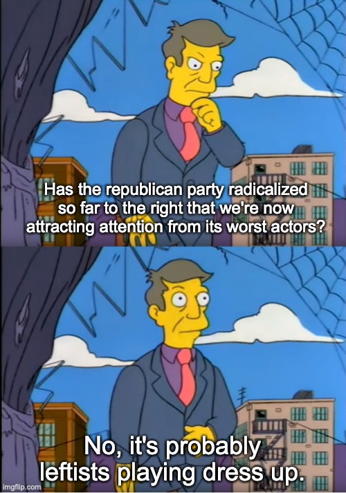 Skinner Out Of Touch | Has the republican party radicalized so far to the right that we're now attracting attention from its worst actors? No, it's probably leftis | image tagged in skinner out of touch | made w/ Imgflip meme maker