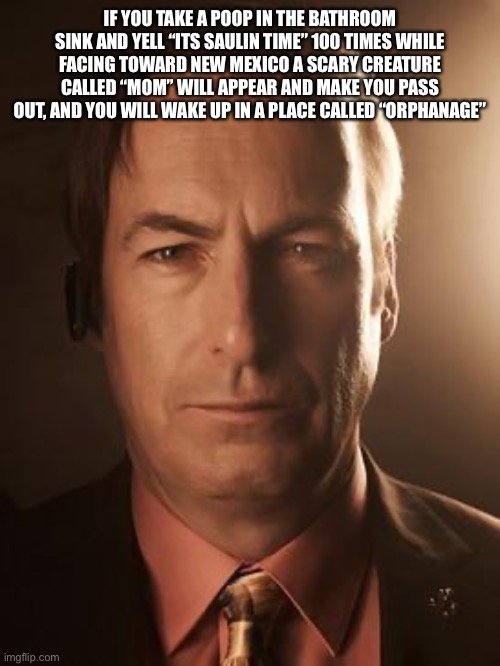 Saul Goodman | IF YOU TAKE A POOP IN THE BATHROOM SINK AND YELL “ITS SAULIN TIME” 100 TIMES WHILE FACING TOWARD NEW MEXICO A SCARY CREATURE CALLED “MOM” WILL APPEAR AND MAKE YOU PASS OUT, AND YOU WILL WAKE UP IN A PLACE CALLED “ORPHANAGE” | image tagged in saul goodman | made w/ Imgflip meme maker