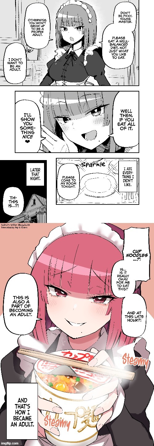 "The Maid Showing Something Nice" by Kuga Tsuniya | image tagged in lgbt,food,surprise,asexual,ramen,manga | made w/ Imgflip meme maker
