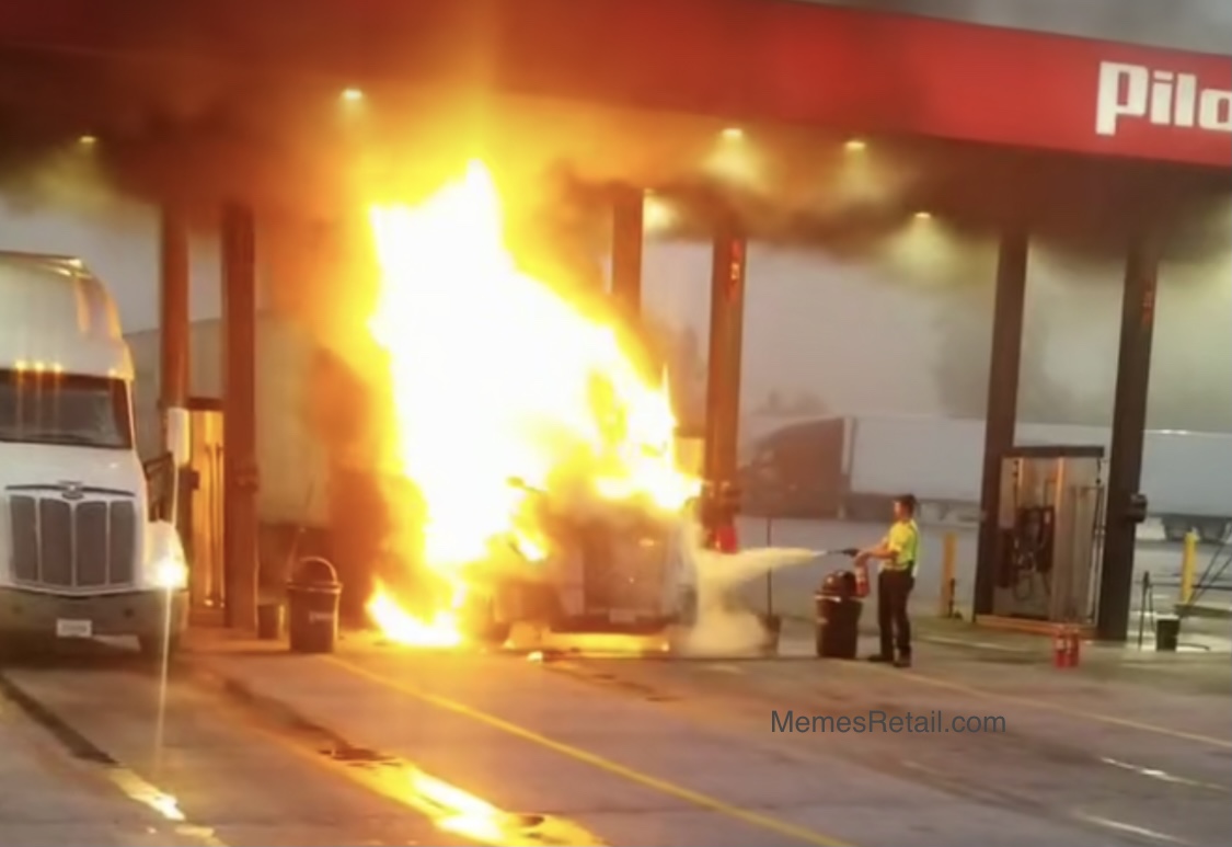 Semi truck up in flames and putting out with fire extinguisher Blank Meme Template
