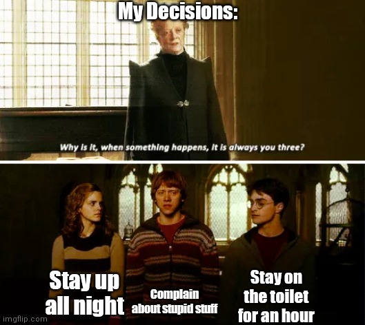 Bruh | My Decisions:; Stay up all night; Stay on the toilet for an hour; Complain about stupid stuff | image tagged in always you three,imtiredaf,help | made w/ Imgflip meme maker