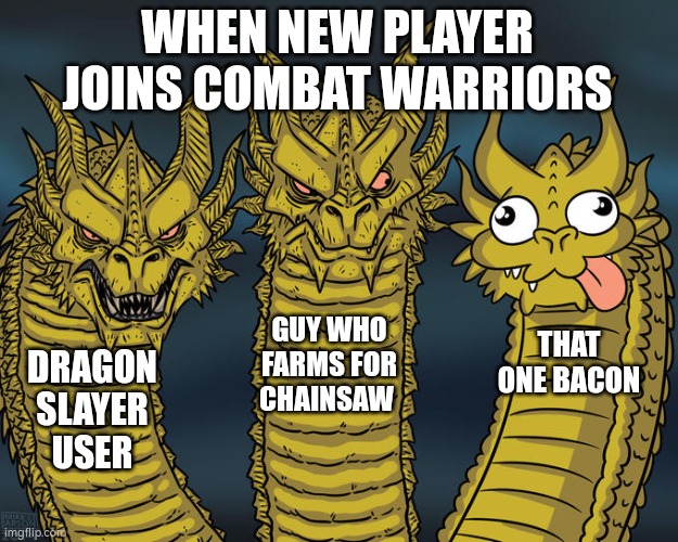... | WHEN NEW PLAYER JOINS COMBAT WARRIORS; GUY WHO FARMS FOR CHAINSAW; THAT ONE BACON; DRAGON SLAYER USER | image tagged in three-headed dragon | made w/ Imgflip meme maker