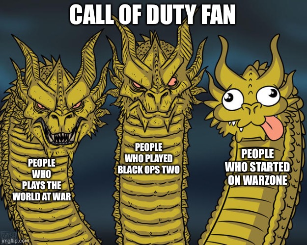 Three-headed Dragon | CALL OF DUTY FAN; PEOPLE WHO PLAYED BLACK OPS TWO; PEOPLE WHO STARTED ON WARZONE; PEOPLE WHO PLAYS THE WORLD AT WAR | image tagged in three-headed dragon | made w/ Imgflip meme maker