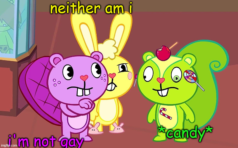 HTF Boys | neither am i; i'm not gay; *candy* | image tagged in htf boys | made w/ Imgflip meme maker
