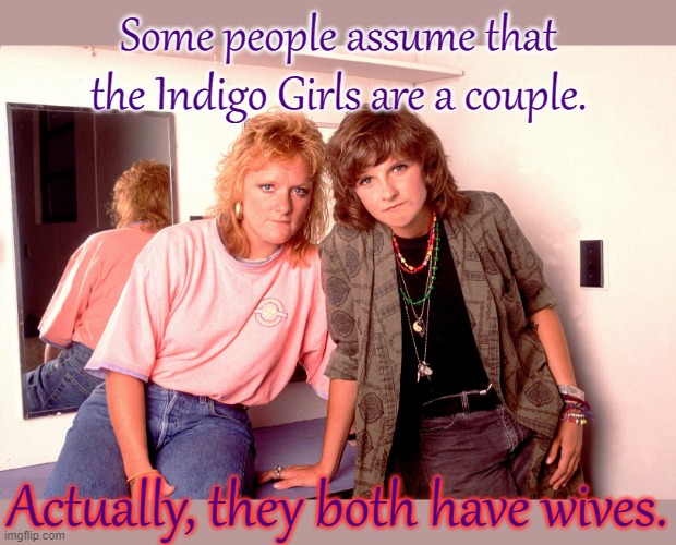 Great songs. | Some people assume that the Indigo Girls are a couple. Actually, they both have wives. | image tagged in the indigo girls,lesbians,band,lgbt,music | made w/ Imgflip meme maker