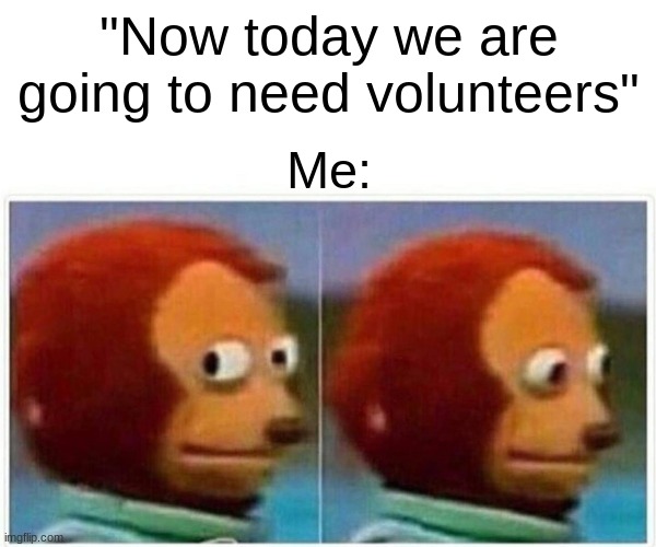 Monkey Puppet | "Now today we are going to need volunteers"; Me: | image tagged in memes,monkey puppet | made w/ Imgflip meme maker