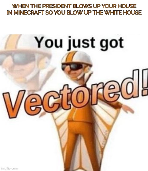 get vectored | WHEN THE PRESIDENT BLOWS UP YOUR HOUSE IN MINECRAFT SO YOU BLOW UP THE WHITE HOUSE | image tagged in you just got vectored | made w/ Imgflip meme maker