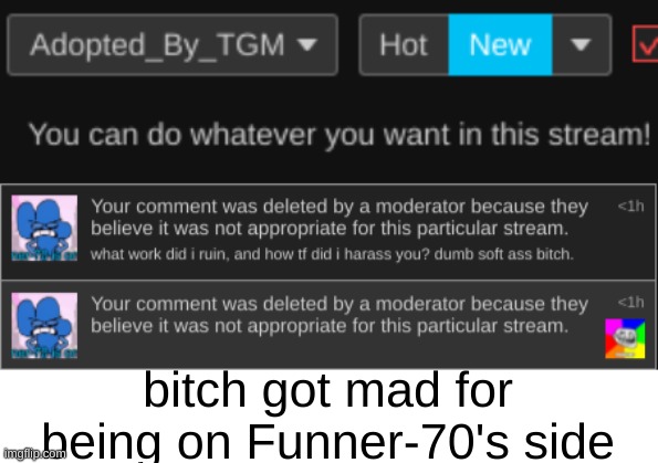 bitch got mad for being on Funner-70's side | made w/ Imgflip meme maker