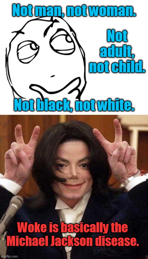 Wokeheehee | Not man, not woman. Not adult, not child. Not black, not white. Woke is basically the Michael Jackson disease. | image tagged in hmmm,michael jackson,woke,liberals,left,democrats | made w/ Imgflip meme maker