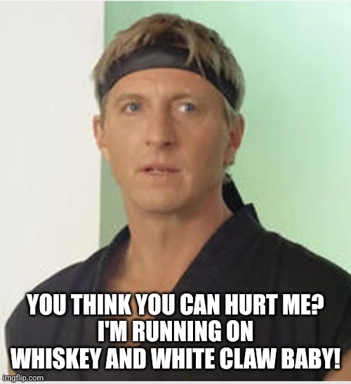 YOU THINK YOU CAN HURT ME?
I'M RUNNING ON WHISKEY AND WHITE CLAW BABY! | image tagged in cobra kai | made w/ Imgflip meme maker