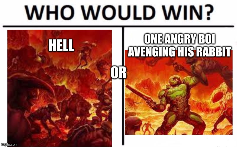 Angry boi |  HELL; ONE ANGRY BOI AVENGING HIS RABBIT; OR | image tagged in memes,who would win | made w/ Imgflip meme maker