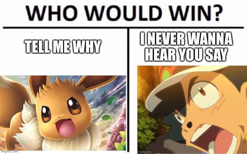 Go | TELL ME WHY; I NEVER WANNA HEAR YOU SAY | image tagged in memes,who would win,pokemon,lyrics,a,why are you reading this | made w/ Imgflip meme maker