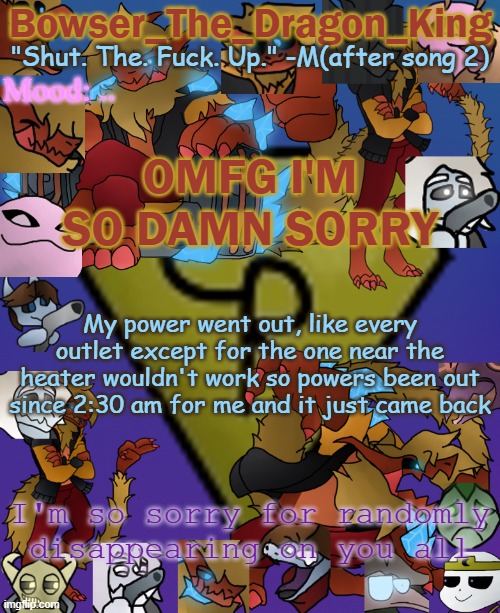 So sorry.. | .. OMFG I'M SO DAMN SORRY; My power went out, like every outlet except for the one near the heater wouldn't work so powers been out since 2:30 am for me and it just came back; I'm so sorry for randomly disappearing on you all | image tagged in bowser's/skid's/toof's chaos realm temp | made w/ Imgflip meme maker