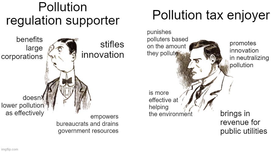 title | Pollution regulation supporter; Pollution tax enjoyer; punishes polluters based on the amount they pollute; benefits large corporations; promotes innovation in neutralizing pollution; stifles innovation; is more effective at helping the environment; doesn't lower pollution as effectively; empowers bureaucrats and drains government resources; brings in revenue for public utilities | image tagged in rmk,retro chad,market failure,pay to pollute | made w/ Imgflip meme maker