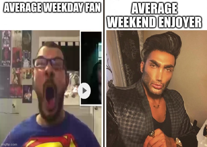 Average Fan vs Average Enjoyer | AVERAGE WEEKEND ENJOYER; AVERAGE WEEKDAY FAN | image tagged in average fan vs average enjoyer | made w/ Imgflip meme maker