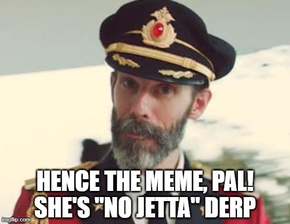 Captain Obvious | HENCE THE MEME, PAL! SHE'S "NO JETTA" DERP | image tagged in captain obvious | made w/ Imgflip meme maker