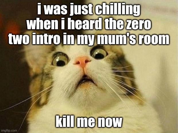 this actually happened rn | i was just chilling when i heard the zero two intro in my mum's room; kill me now | image tagged in memes,funny,scared cat,zero two,mum,kill me | made w/ Imgflip meme maker