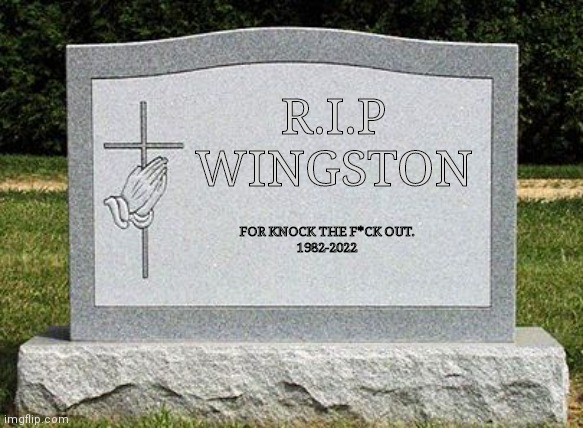 Work headstone | R.I.P
WINGSTON; FOR KNOCK THE F*CK OUT.
1982-2022 | image tagged in work headstone | made w/ Imgflip meme maker