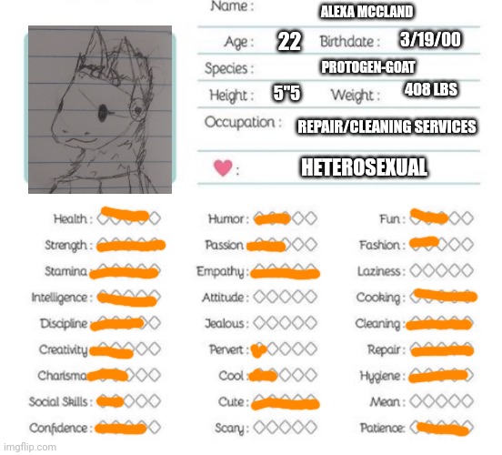 Only one I'm doing cause I want to share Alexa with y'all | ALEXA MCCLAND; 3/19/00; 22; PROTOGEN-GOAT; 408 LBS; 5"5; REPAIR/CLEANING SERVICES; HETEROSEXUAL | image tagged in oc info chart | made w/ Imgflip meme maker