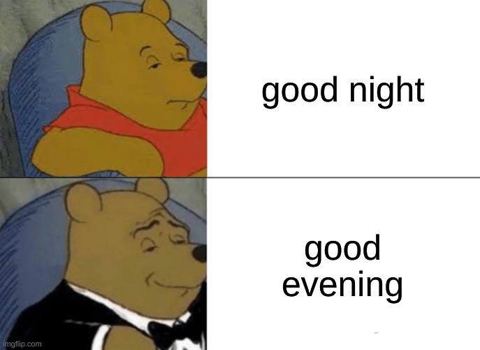 Tuxedo Winnie The Pooh | good night; good evening | image tagged in memes,tuxedo winnie the pooh | made w/ Imgflip meme maker