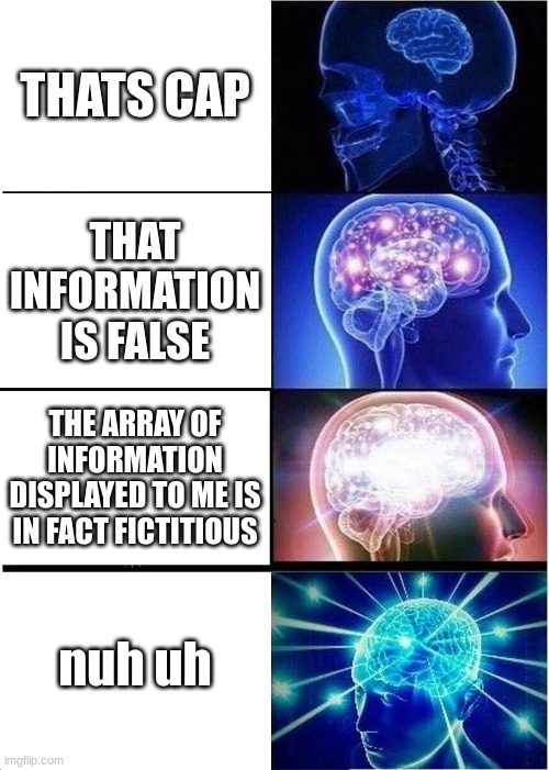 nuh uh > | THATS CAP; THAT INFORMATION IS FALSE; THE ARRAY OF INFORMATION DISPLAYED TO ME IS IN FACT FICTITIOUS; nuh uh | image tagged in memes,expanding brain | made w/ Imgflip meme maker