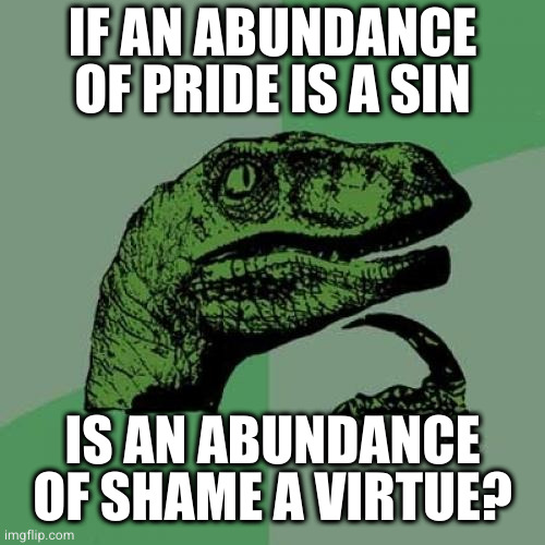 Philosoraptor | IF AN ABUNDANCE OF PRIDE IS A SIN; IS AN ABUNDANCE OF SHAME A VIRTUE? | image tagged in memes,philosoraptor | made w/ Imgflip meme maker