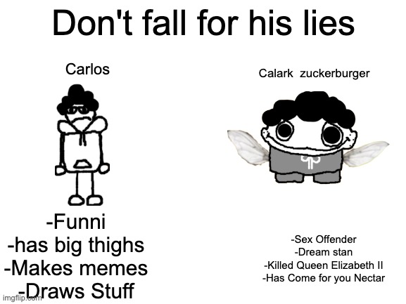 Do not fall for his lies | Don't fall for his lies; Calark  zuckerburger; Carlos; -Funni
-has big thighs
-Makes memes
-Draws Stuff; -Sex Offender
-Dream stan
-Killed Queen Elizabeth II
-Has Come for you Nectar | image tagged in blank white template | made w/ Imgflip meme maker