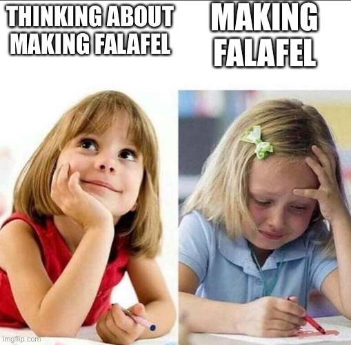 Thinking about / Actually doing it | MAKING FALAFEL; THINKING ABOUT MAKING FALAFEL | image tagged in thinking about / actually doing it | made w/ Imgflip meme maker