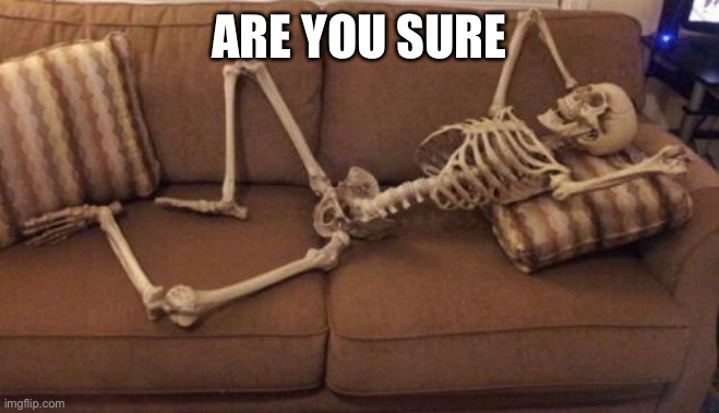 Skeleton on couch | ARE YOU SURE | image tagged in skeleton on couch | made w/ Imgflip meme maker